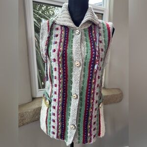 Vintage Handmade Wool Knit Multicolor Sleeveless Cardigan Sweater Women's Size S